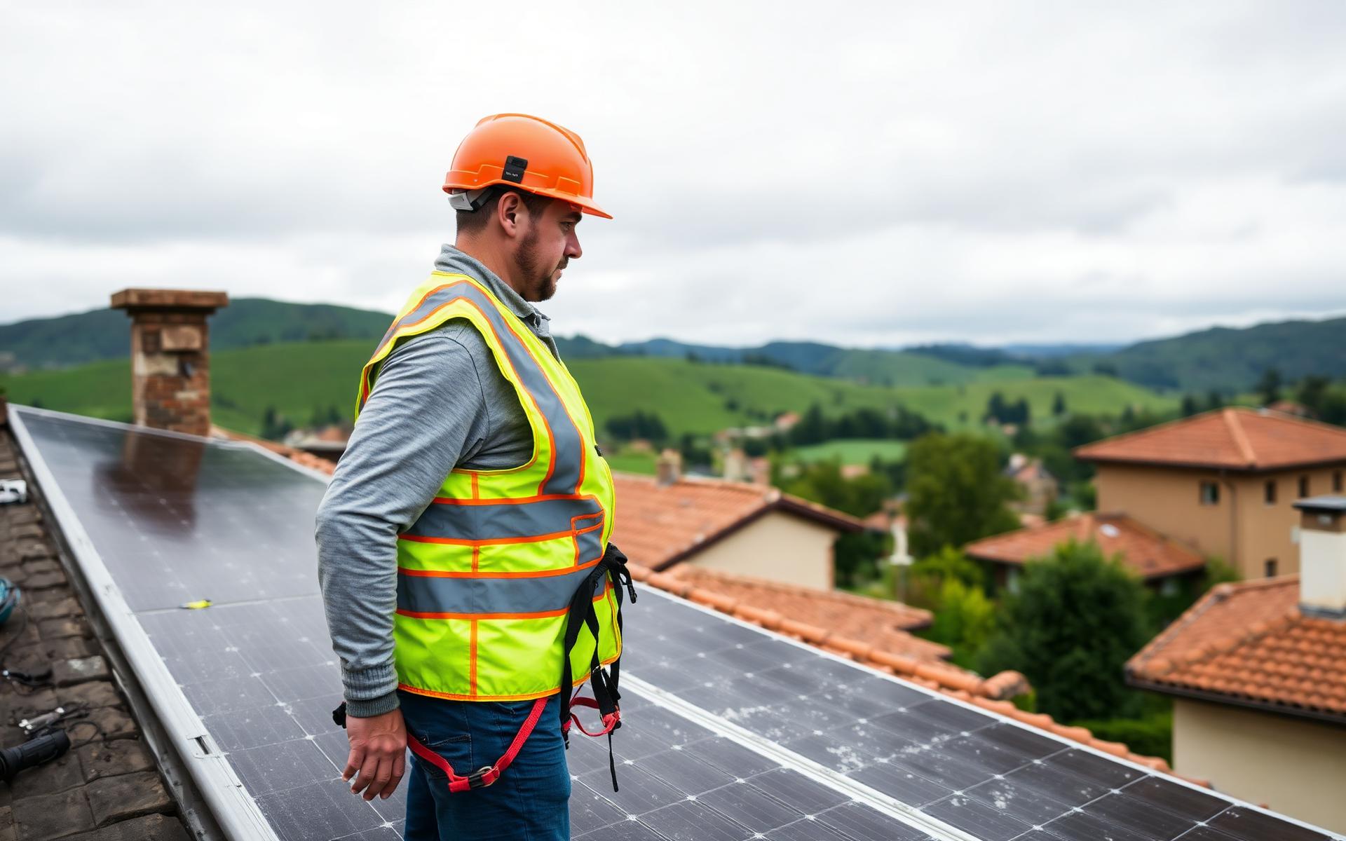 Tecnico SR Tecnoimpianti ispeziona un impianto fotovoltaico dopo una grandinata nelle Marche