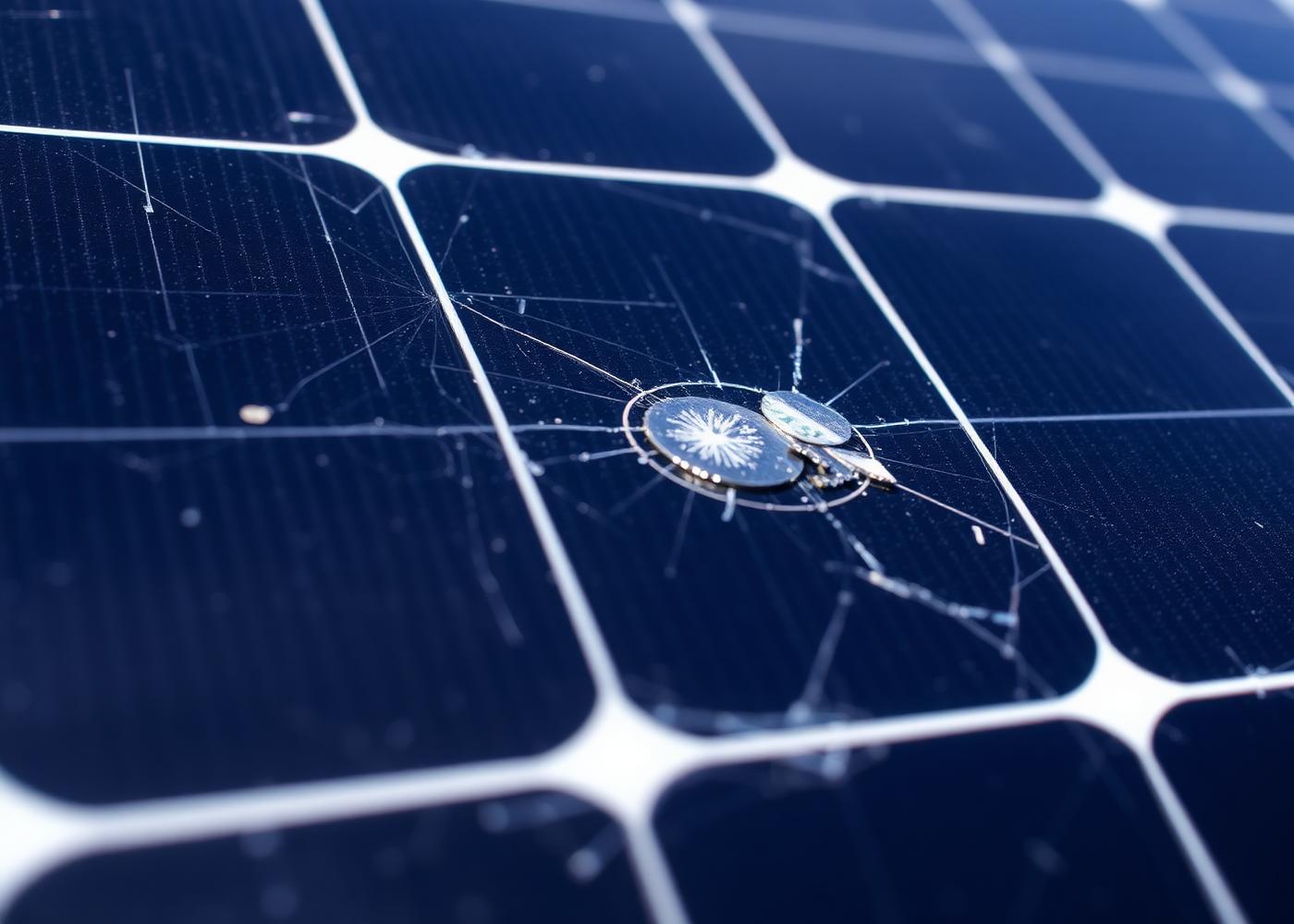 Modulo fotovoltaico con vetro rotto e microfratture causate dalla grandine