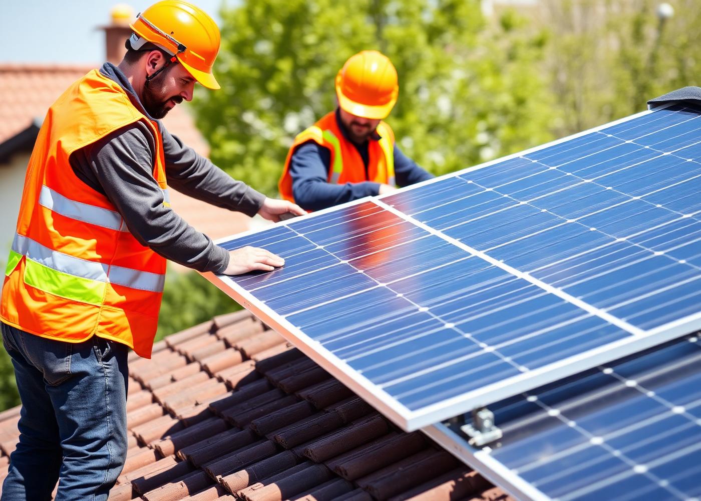 Due tecnici sostituiscono un modulo fotovoltaico sul tetto di un'abitazione