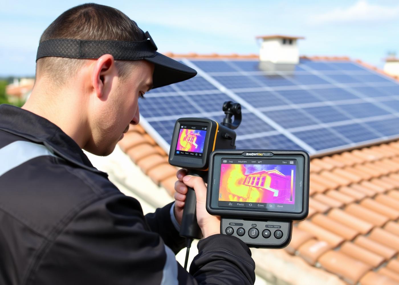 Tecnico esegue una diagnosi termografica sui pannelli fotovoltaici